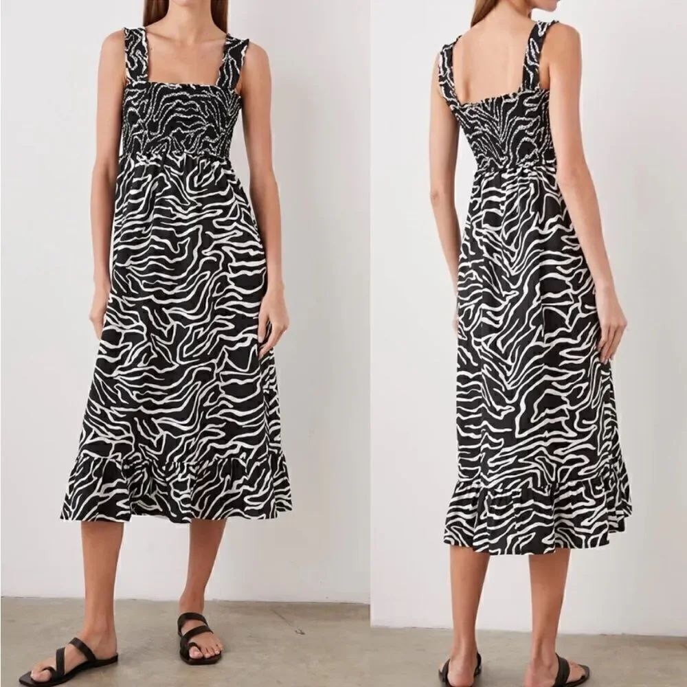 Rails Rumi Midi Smocked Dress Contour Lines Black & White Sz Medium NWT